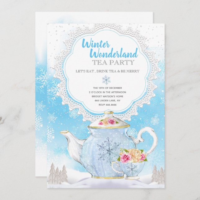 Convite Tea party do país das maravilhas do inverno do (Frente/Verso)