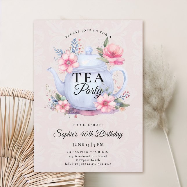Convite Tea Party Floral Bule Damask Pink aniversário de 4 (40th birthday invitation tea party floral teapot wildflowers watercolor elegant modern chic)