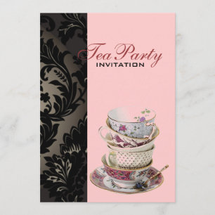 Convite Tea party formal preto Dourado do damasco do
