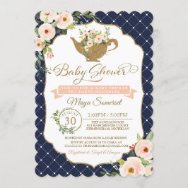 Convite Tea Party Luxury Blush and Marinho Floral Chá de f
