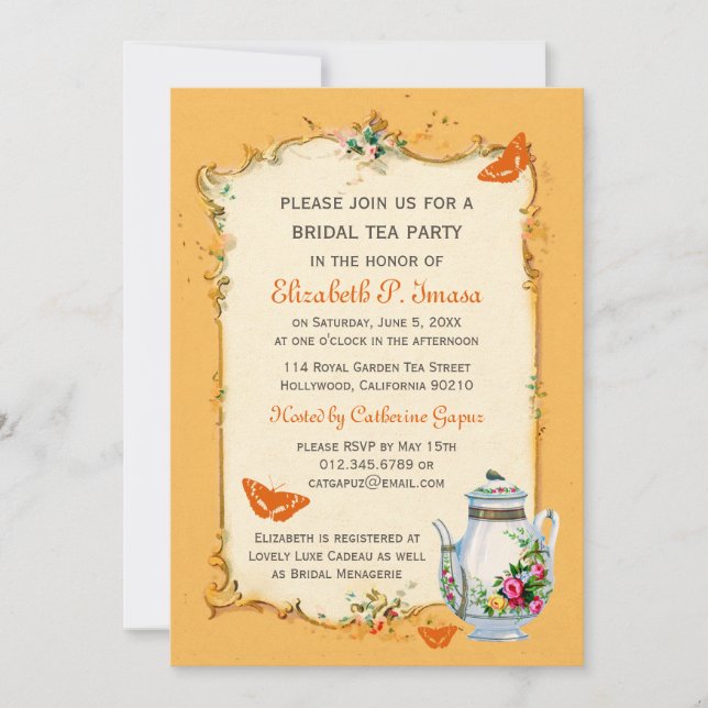 Convite Tea party nupcial francês do vintage alaranjado (Frente)