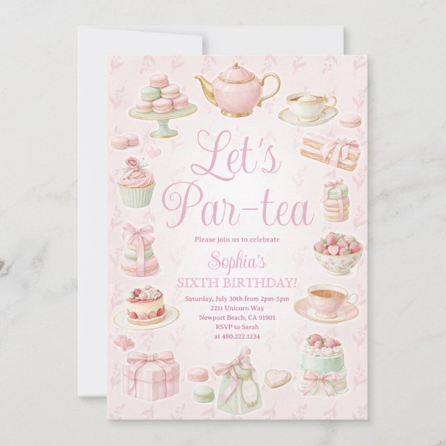 Convite Tea Party Teapot Teacup Pink Party Invitation (Frente)
