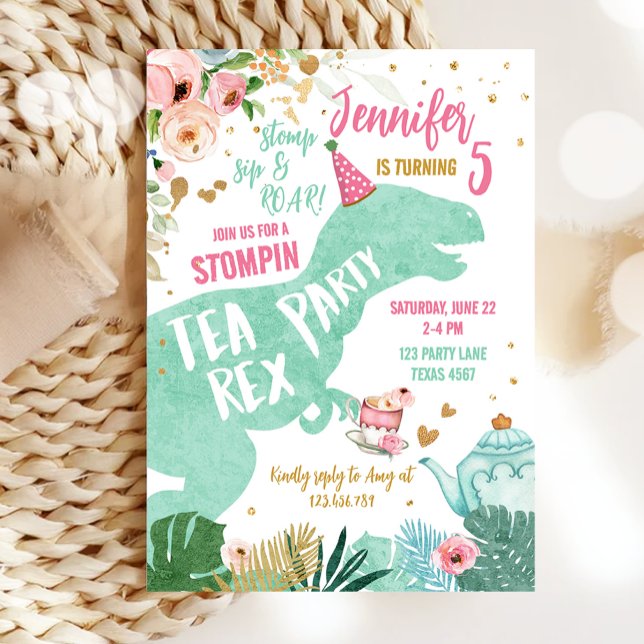 Convite Tea Rex Dinosaur Par Tea Pink Mint Aniversário Dou (Criador carregado)