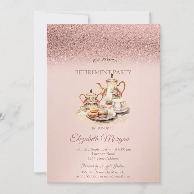 Convite Tea Service Rose Gold Glitter Retirement  (Frente)