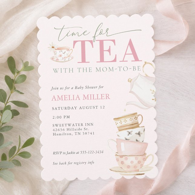 Convite Tea with the Mom-to-be Girl Baby Shower  (Tea with the Mom-to-be Pink Girl Baby Shower Invitation)