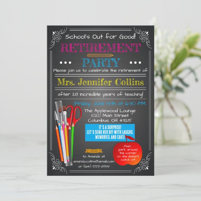 Convite Teacher Retirement Chalkboard (Em pé/Frente)