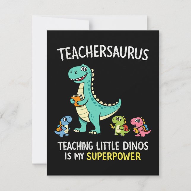 Convite Teachersaurus humor de professor com pequenos dino (Frente)