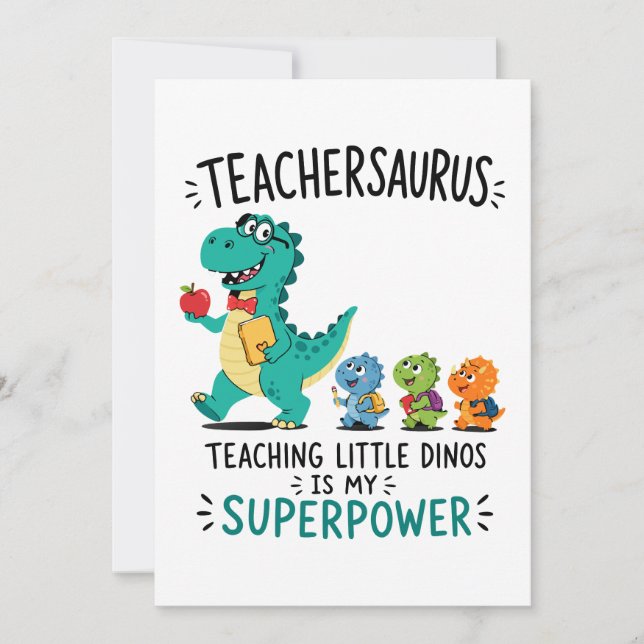 Convite Teachersaurus humor de professor com pequenos dino (Frente)