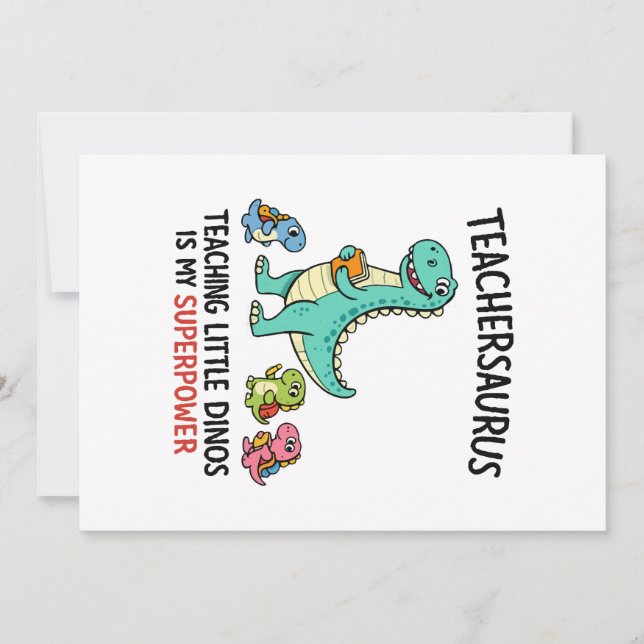 Convite Teachersaurus humor de professor com pequenos dino (Frente)