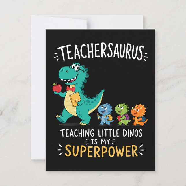 Convite Teachersaurus humor de professor com pequenos dino (Frente)