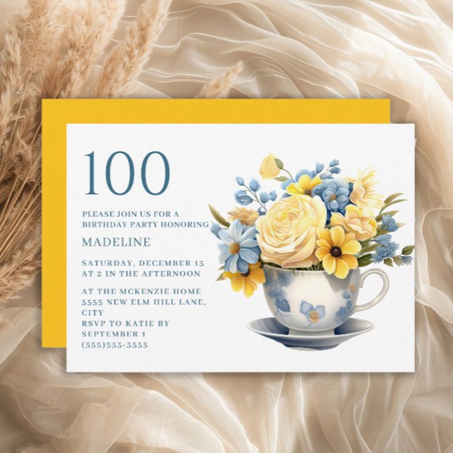 Convite Teacup Yellow Blue Flowers 100º aniversário (Blue teacup and yellow flowers 100th birthday party invitation)