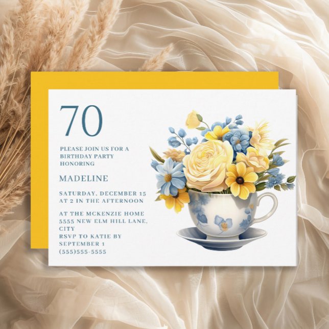Convite Teacup Yellow Blue Flowers 70 Birthday (Blue teacup and yellow flowers 70th birthday party invitation)