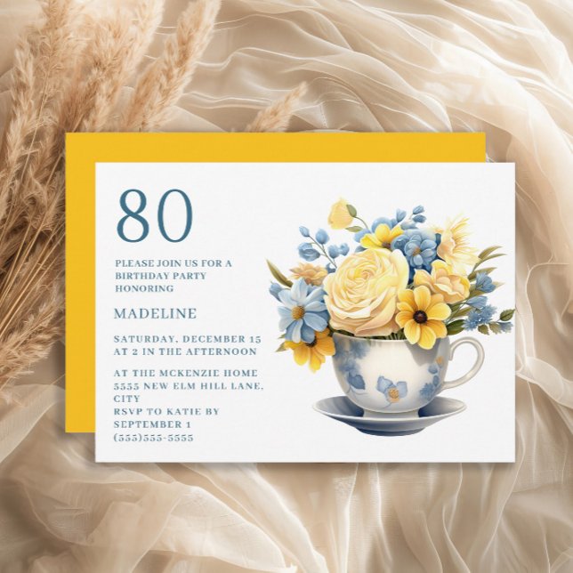 Convite Teacup Yellow Blue Flowers 80 Birthday (Blue teacup and yellow flowers 80th birthday invitation)