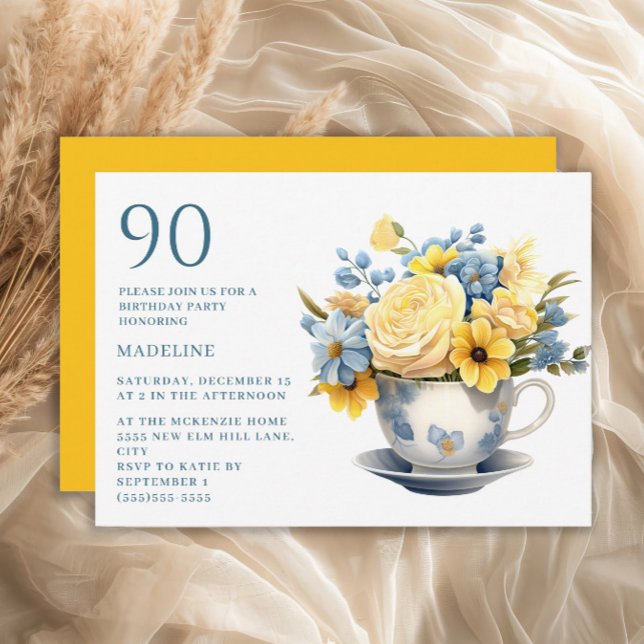 Convite Teacup Yellow Blue Flowers 90 Birthday (Blue teacup and yellow flowers 90th birthday party invitation)