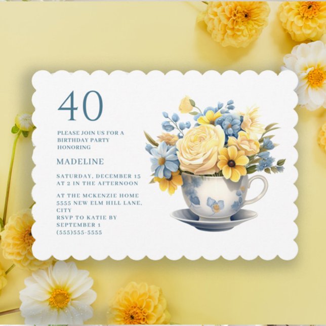 Convite Teacup Yellow Blue Flowers aniversário de 40 anos (Yellow and dusty blue watercolor flowers in teacup 40th birthday party invitation)