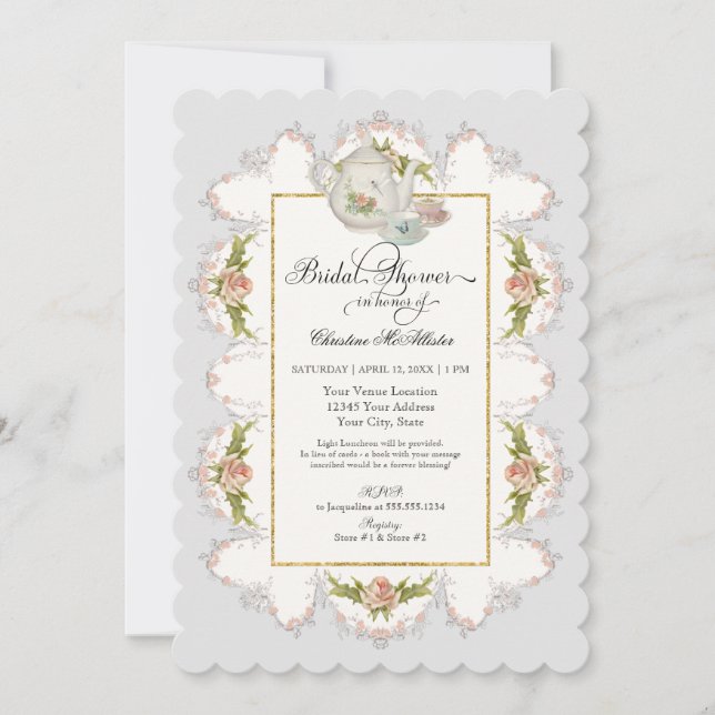 Convite Teacups do bule n do tea party dos rosas do chá de (Frente)