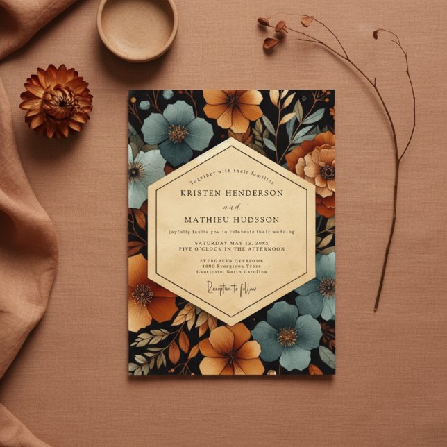 Convite Teal Amber Floral Autumn Wedding (Criador carregado)