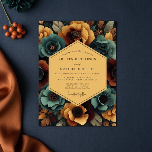 Convite Teal Amber Floral Nocturne Wedding (Criador carregado)