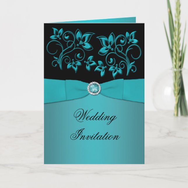 Convite Teal and Black Card Style Wedding Invitation (Frente)