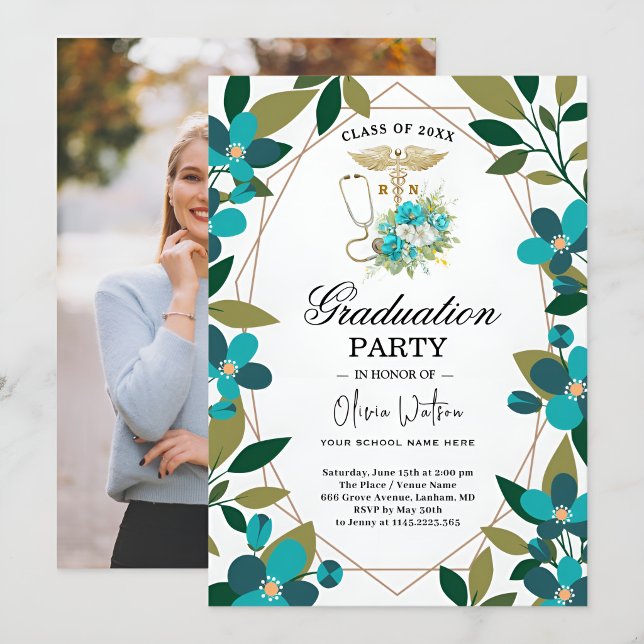 Convite Teal and Gold Floral RN Graduation Invitation | Nu (Criador carregado)
