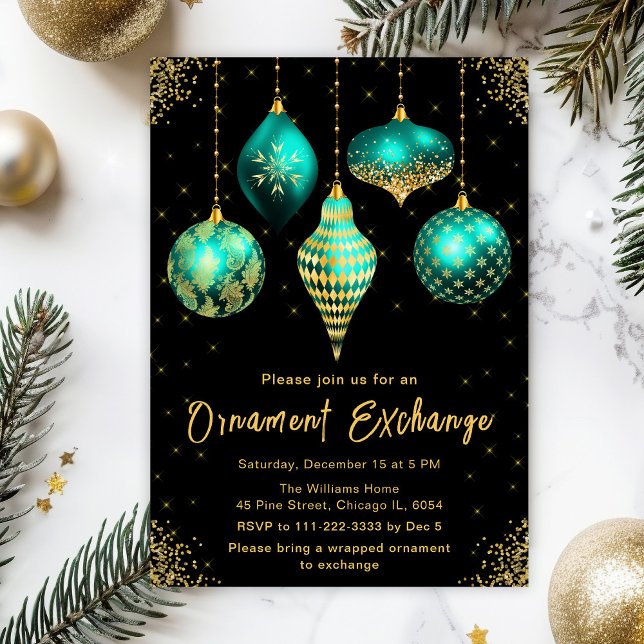 Convite Teal and Gold Ornament Exchange Party (Criador carregado)