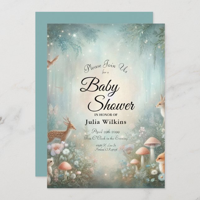 Convite Teal and Peach Enchanted Forest Baby Shower (Frente/Verso)