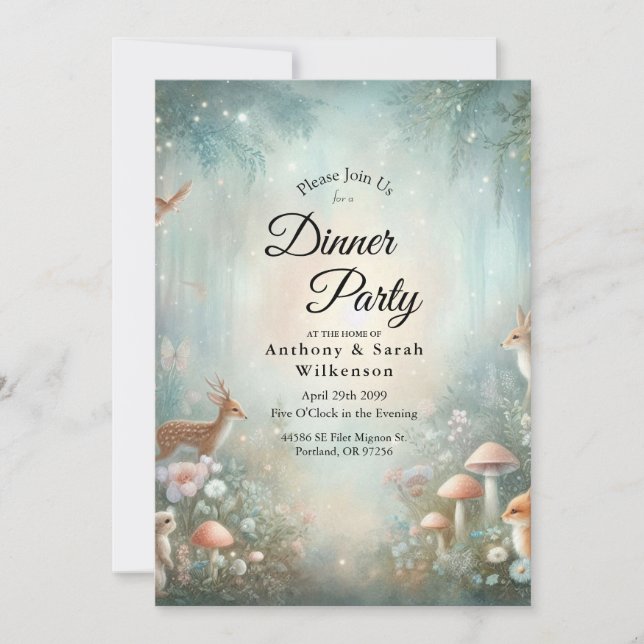 Convite Teal and Peach Enchanted Forest Home Dinner Party  (Frente)