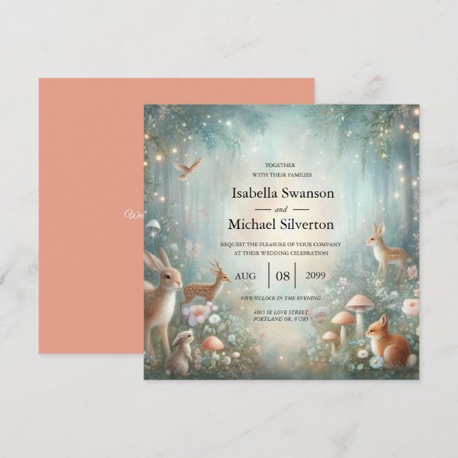 Convite Teal and Peach Enchanted Forest Wedding (Frente/Verso)