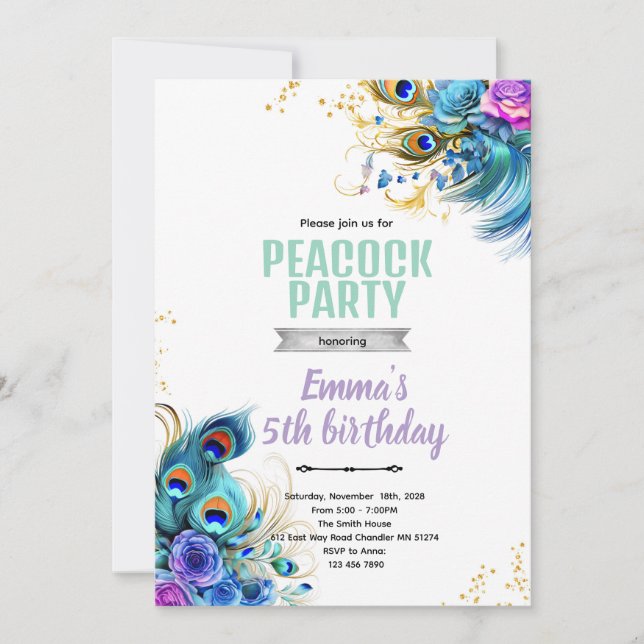 Convite Teal and Purple Peacock theme invite (Frente)