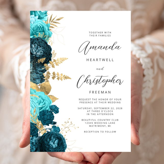 Convite Teal Aqua Floral Gold Script Wedding (Criador carregado)