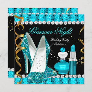 Convite Teal aqua Glamor Noite Dourado Preto
