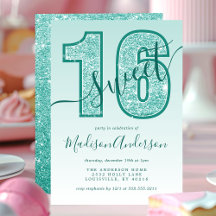 Teal Aqua Glitter Script Sweet 16 Festa de anivers