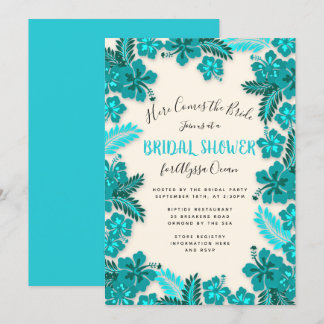 Convite Teal Aqua Hibiscus Tropical Chá de panela Invite