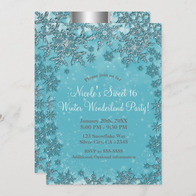 Convite Teal Aqua Snowflakes, Winter Wonderland Party (Frente/Verso)