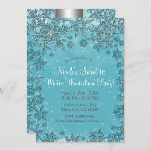 Convite Teal Aqua Snowflakes Winter Wonderland Party