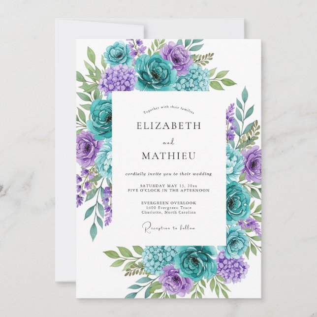 Convite Teal Aqua Vibrant Botanical Wedding (Frente)
