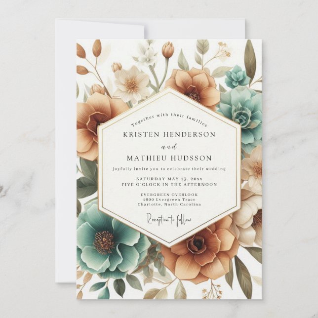 Convite Teal Autumn Bloom Wedding (Frente)