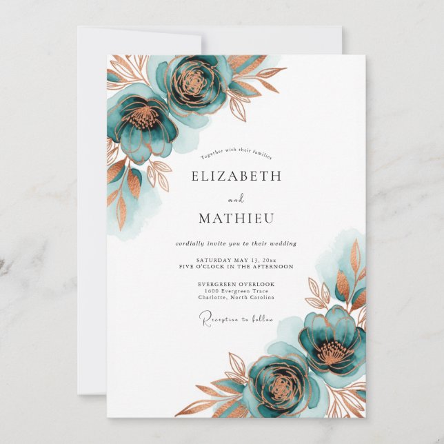 Convite Teal Autumnal Bloom Wedding (Frente)