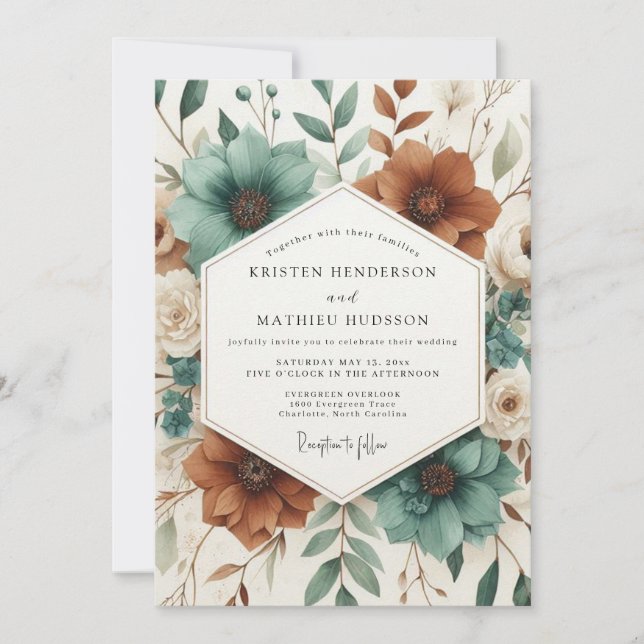 Convite Teal Autumnal Botanical Bloom Wedding (Frente)