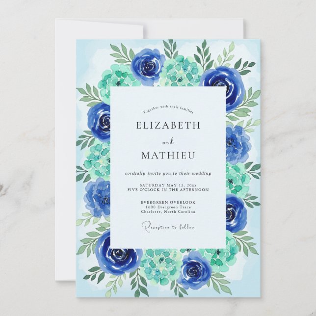 Convite Teal Azure Painterly Coastal Wedding (Frente)