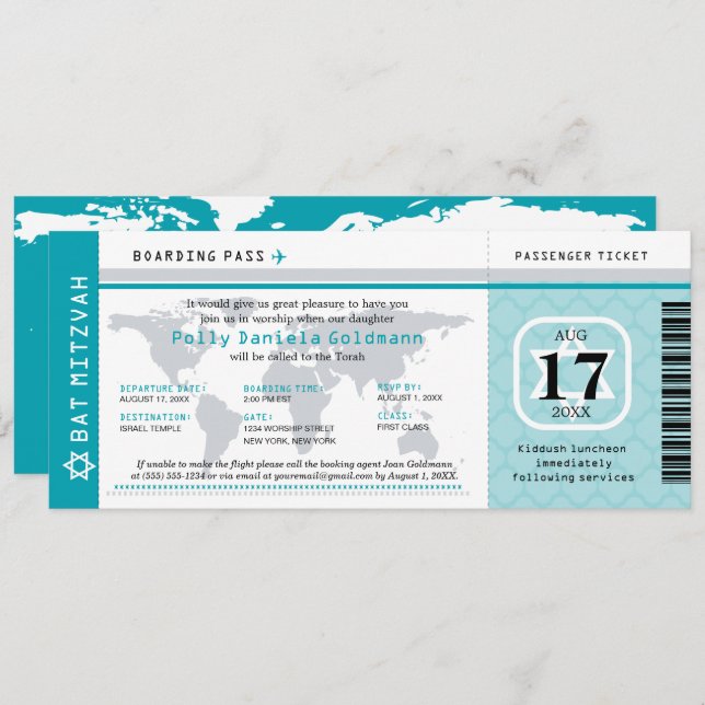 Convite Teal Bat Mitzvah World Traveler Embarque (Frente/Verso)