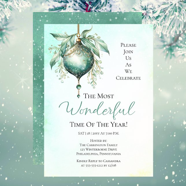 Convite Teal Bauble, Festa de Ano Mais Maravilhoso (Elegant Teal Bauble "The Most Wonderful Time Of The Year" Christmas Holiday Party Invitation)