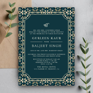 Convite Teal bege escuro Ikat Anand Karaj Casamento Sikh