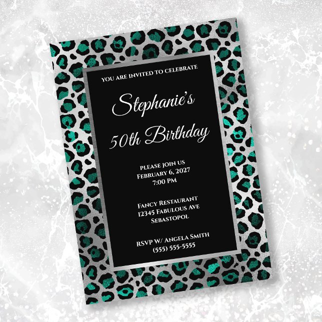 Convite Teal Black and Silver Leopard Glam 50º Aniversário (Criador carregado)