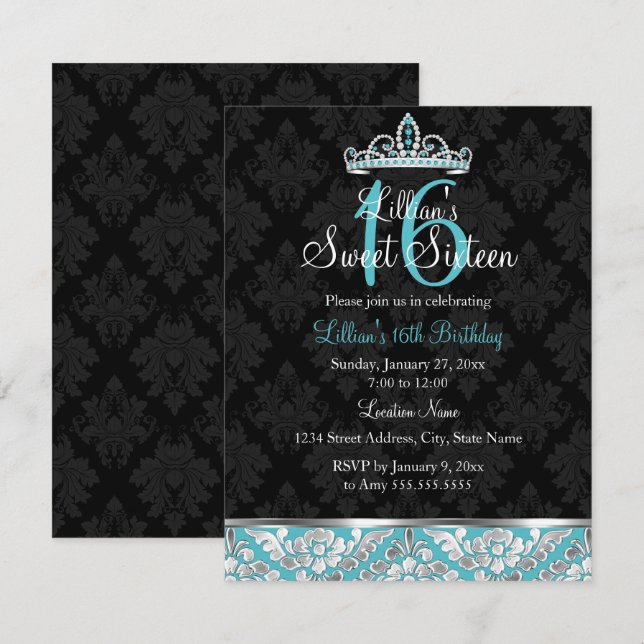 Convite Teal Black Damask & Tiara Sweet 16 (Frente/Verso)