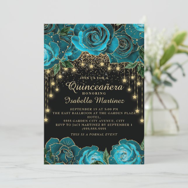 Convite Teal Black Dourado String Light Star Quinceañera (Em pé/Frente)