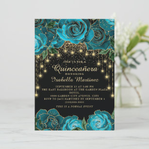 Convite Teal Black Dourado String Light Star Quinceañera