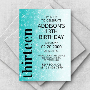 Convite Teal Black Glitter Birthday