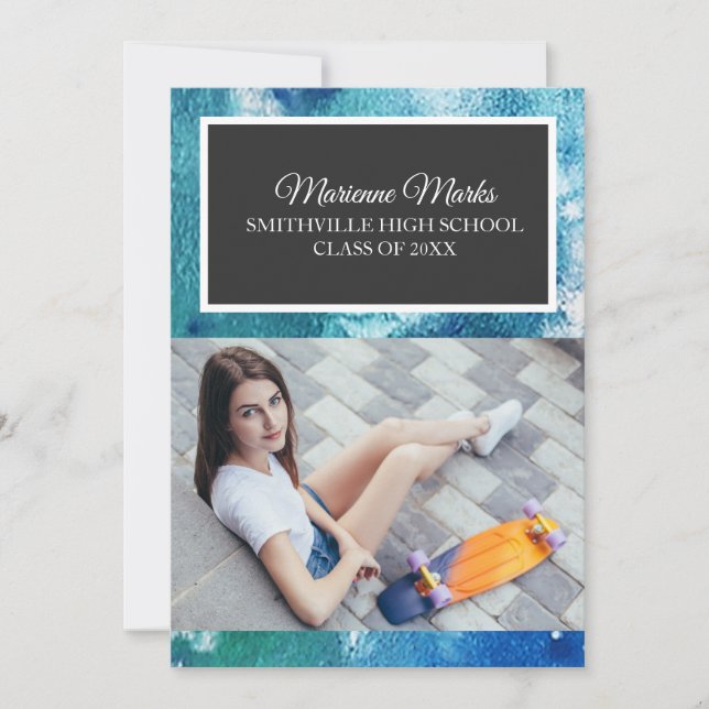 Convite Teal Black Photo Graduation College Trunk Party (Frente)