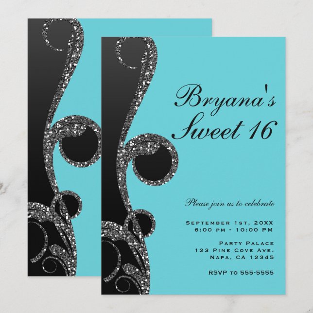 Convite Teal & Black Silver Glitter Swirl Sweet 16 Party (Frente/Verso)